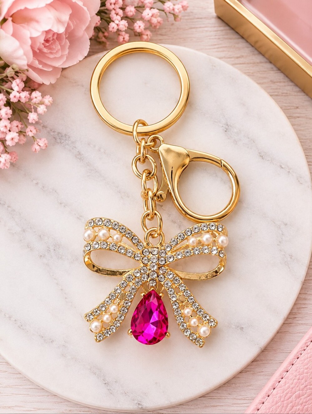 Rhinestone & Pearl Bow Keychain – Hot Pink Gem